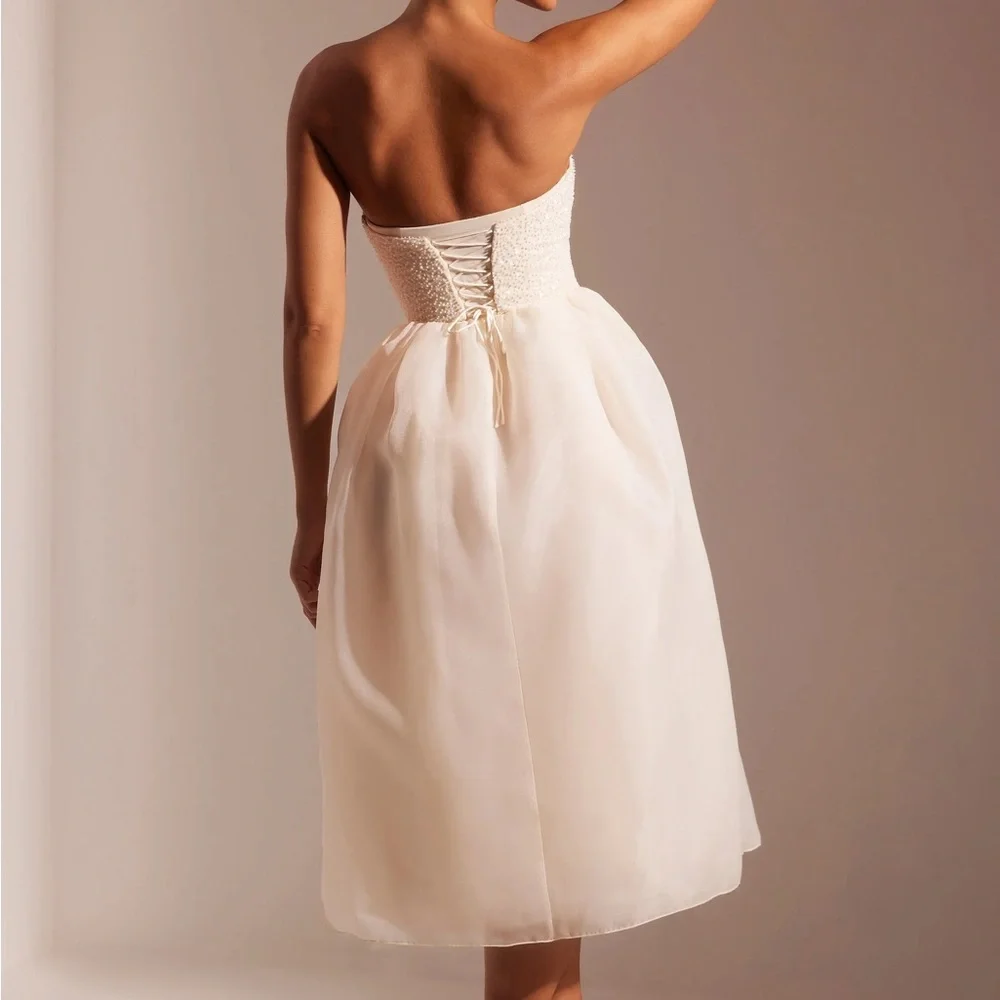 Oh Polly Ivory Rosette Embellished Corset Tulle Midi Dress - Picture 2 of 4